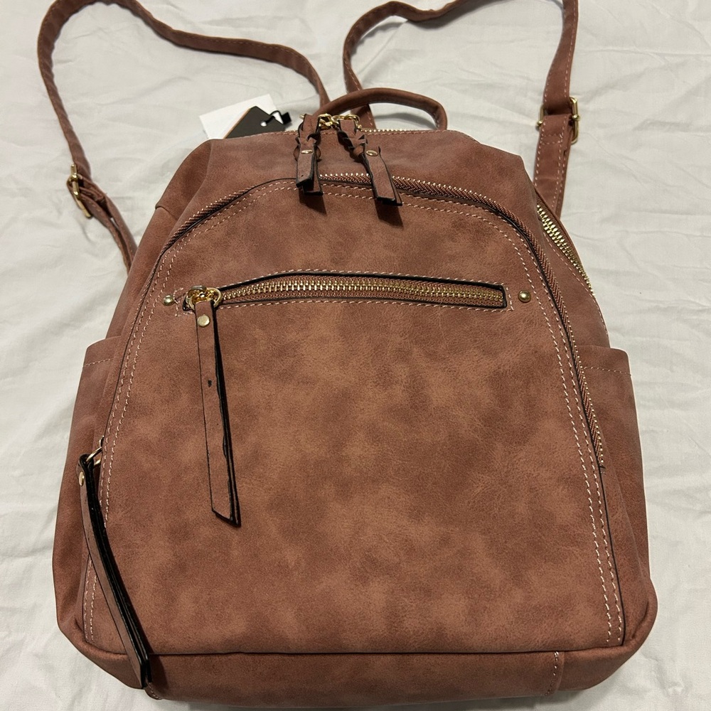 VR NYC Violet Ray Cinnamon Brown Vegan Suede Backpack NWT - Picture 9 of 13